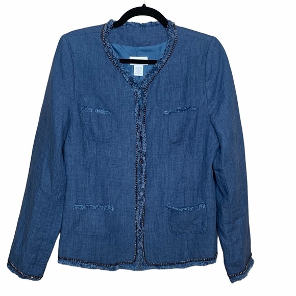 Soft Surroundings Womens M Blazer Jacket Blue 100% Linen Chain Trim Frayed Edge - Picture 1 of 9
